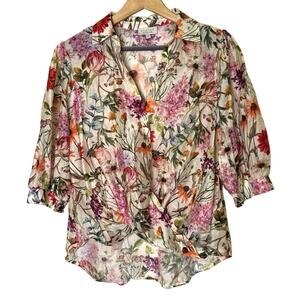 Status by Chenault Floral Faux Wrap Linen Blend Blouse Women M Bloomcore